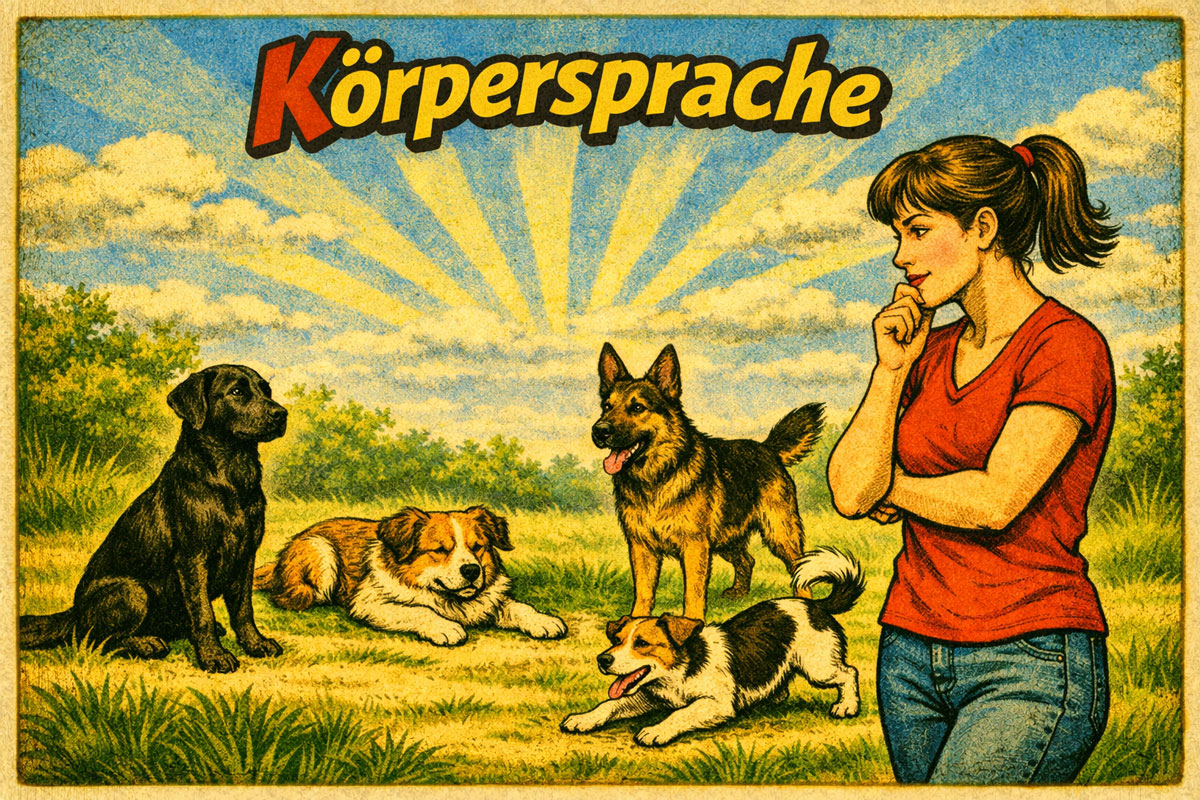 Eine Frau beobachtet die Körpersprache mehrerer Hunde.
